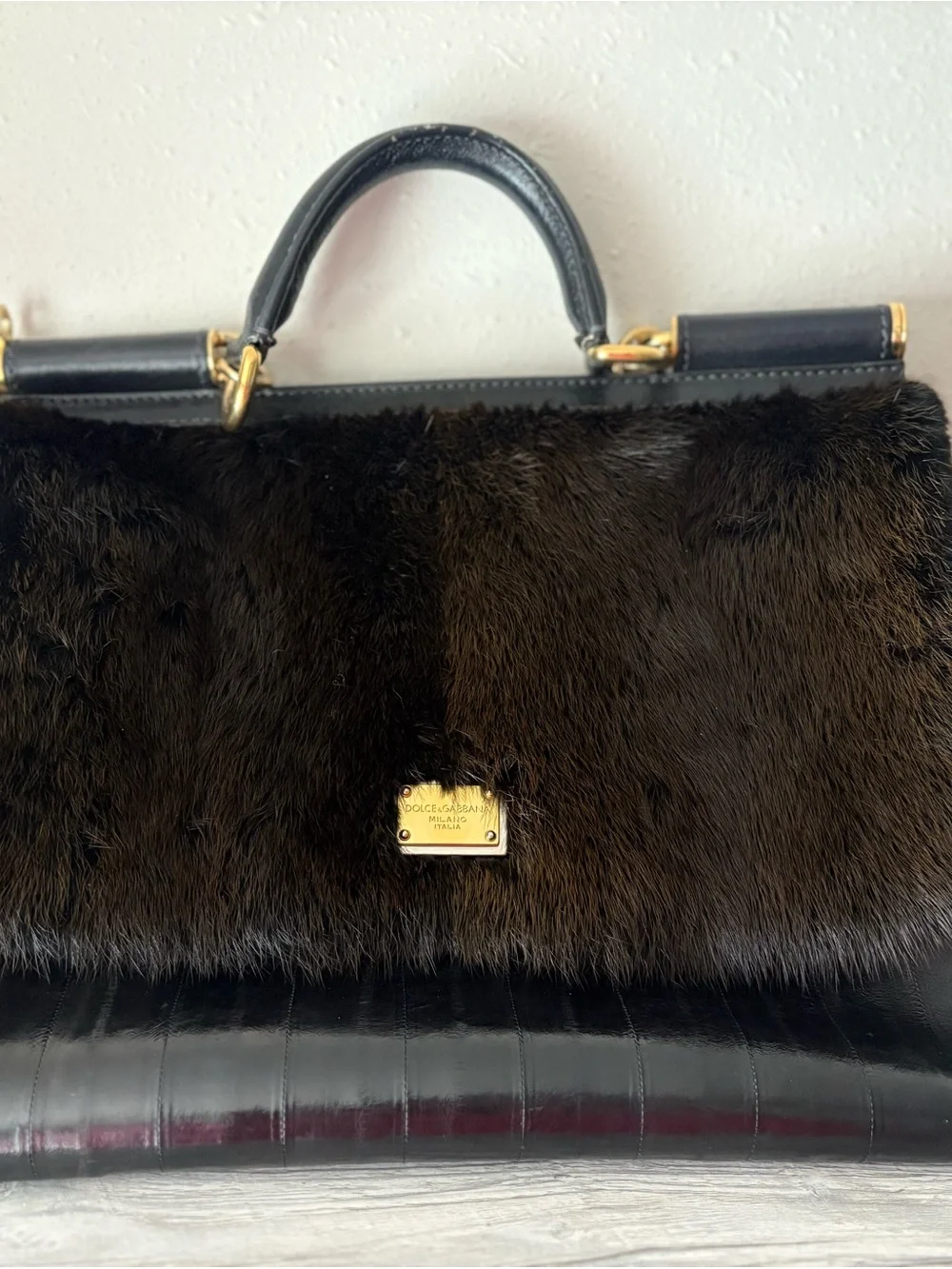 Dolce & Gabbana Black Fur and Leather Top-Handle Satchel